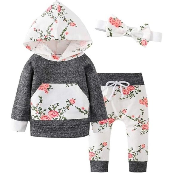 Baby Girl 2 Piece Outfit Floral Hoodie and Pants Matching Headband 12/18 Months - Picture 1 of 7